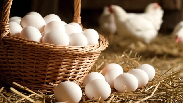 Fresh White Eggs in Wicker Basket on Straw with Blurred White Chickens in Barn Background on Organic Farm