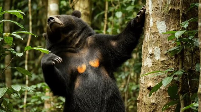 Wild Asian Sun Bear Standing on Hind Legs and Scratching Its Back Against a Tree Trunk in the Dense Tropical Rainforest