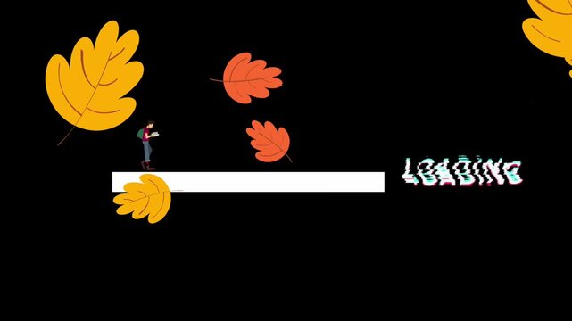 Cartoon businessman balancing on tightrope between autumn leaves with copy space