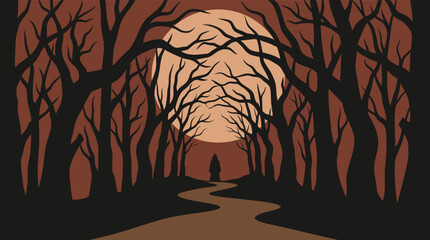 Obraz premium A hauntingly beautiful halloween scene depicts a lone figure walking down a winding path through a spooky dark forest under a full moon