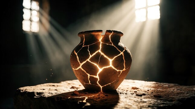 Broken clay pot sits on stone surface in dark room. Bright light glows through cracks in ceramic vessel. Spiritual concept of hope, resilience with sunbeams shining through window in mysterious