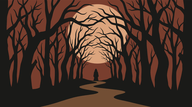 A hauntingly beautiful halloween scene depicts a lone figure walking down a winding path through a spooky dark forest under a full moon