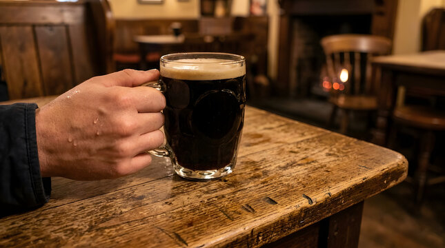 A hand holding a heavy dimpled glass mug of dark stout beer on a rustic wooden tavern table