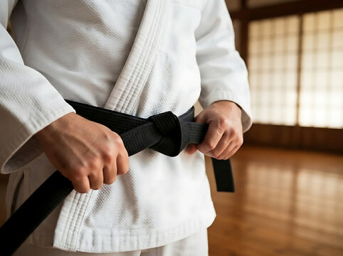 Martial artist tying a black belt around a white gi in a traditional Japanese dojo setting