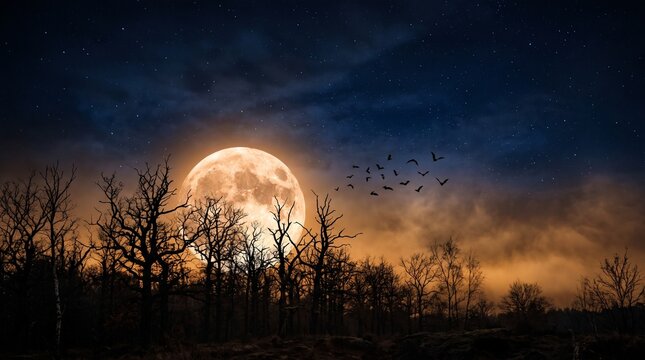 Full moon rising over spooky forest silhouette, flock of birds flying in dark night sky, mystical orange glow behind bare winter trees, dramatic halloween landscape