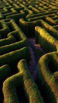 Intricate Hedge Maze at Sunset: A winding path disappears into the depths of a meticulously sculpted green hedge maze, casting long shadows as the sun sets.
