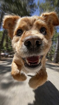 Joyful Puppy Sprint: A happy, energetic puppy with golden fur and expressive eyes is captured mid-leap, running towards the viewer with a wide, open-mouthed grin. Its surroundings are blurred.