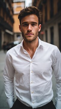 Urban Sophistication: A stylish young man in a crisp white button-down shirt stands confidently on a city street, exuding an air of modern elegance and urban charm.