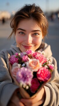 Young Woman with Flowers: A beautiful young woman with a radiant smile holds a vibrant bouquet of pink and purple flowers, her eyes sparkling with warmth and happiness.