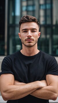 Confident Young Man: A handsome young man with crossed arms and a focused gaze stands before a modern building, exuding an aura of self-assurance and ambition.