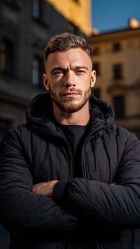 Serious Man in City: A focused man with crossed arms stands confidently in an urban setting, his gaze intense under the warm light of dusk, exuding determination.