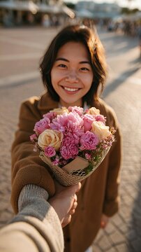 A Gift of Flowers: A joyful young woman beams as she receives a beautiful bouquet of pink and cream roses, her eyes sparkling with delight in the soft afternoon light.