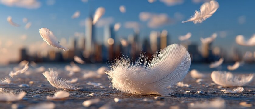Feathers Dancing in the City: Delicate white feathers drift and float through the air, suspended against a blurred cityscape, creating a surreal and dreamlike atmosphere.