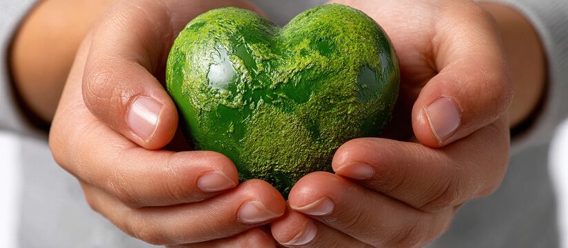 Green Heart in Hands: Cupped hands gently hold a vibrant, heart-shaped object made of what appears to be earth or moss, symbolizing care for the planet and environmental consciousness.