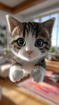 Cute Kitten with Big Eyes: A charming kitten with wide, captivating eyes and a tabby coat looks directly at the camera, ready to play.