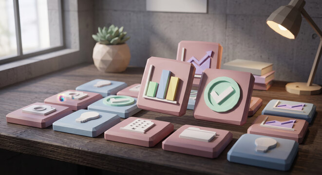 Desk with UI cards; minimal analytics kit for dashboards; reusable charts, KPIs and themes for product management.