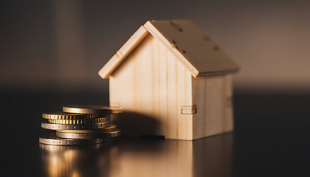 Close Up of Coin Stack with Miniature House Model Concept