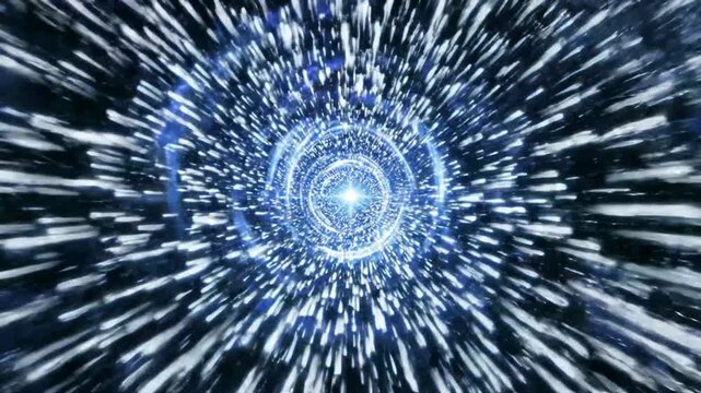 Abstract background featuring a high speed tunnel of blue light rays and glowing particles.