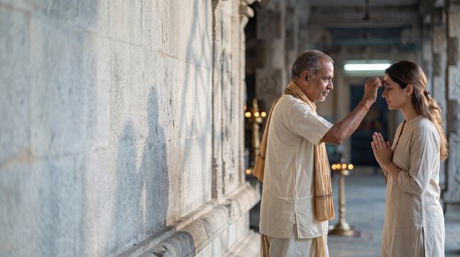 Hindu priest applying red kumkum tilak to a woman&rsquo;s forehead during a traditional blessing ritual in a sacred interior, Indian faith and spiritual ceremony concept