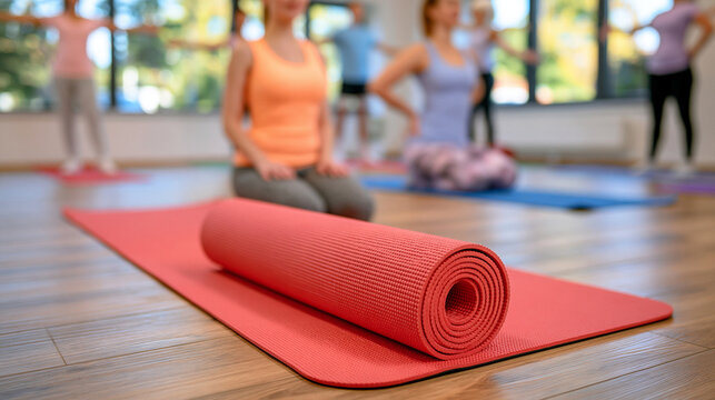 Bright fitness studio scene with a warm coral yoga mat laid out on a clean wooden floor, blurred participants in soft pastel activewear standing behind it, faces intentionally outside the focus plan