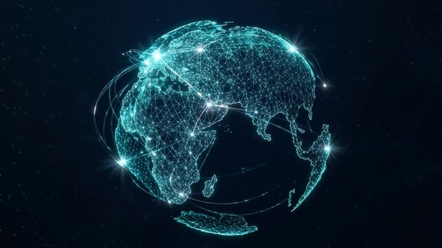 A luminous 3D wireframe globe with a glowing mesh of interconnected nodes floats gracefully in deep, dark space, symbolizing global connectivity.