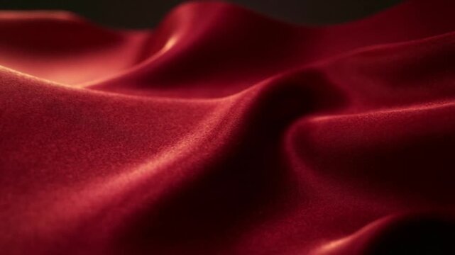 A captivating macro close-up of luxurious deep red silk fabric gracefully rippling and billowing, creating a sensuous and elegant visual experience.