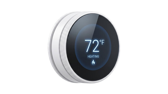Modern smart thermostat with digital display showing 72 degrees, intelligent home climate control system, sleek white heating regulator on white background