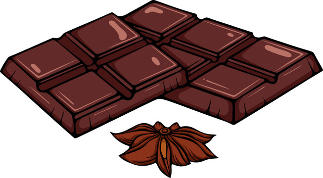Two small chocolate bars with star anise. Sweet dessert element. Simple vector color illustration with outline in hand drawn style isolated on white