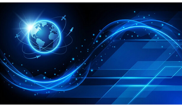 Futuristic Earth globe with glowing orbital rings, blue wave energy lines and abstract technological background, dark blue and cyan color scheme, modern banner design