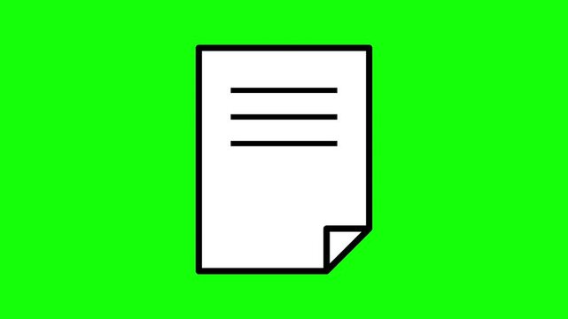Minimalist icon animation depicts a black pencil writing horizontal lines on a blank document page over a bright chroma key green screen background.