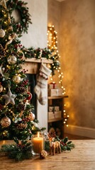 Obraz premium Festive hearth interior: merry christmas, glowing candle, decorated fir, cozy fireplace, rustic timber, winter ornament, deer figurine, magical atmosphere, warm room.
