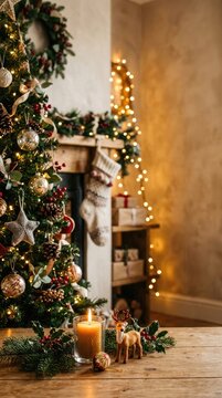 Festive hearth interior: merry christmas, glowing candle, decorated fir, cozy fireplace, rustic timber, winter ornament, deer figurine, magical atmosphere, warm room.