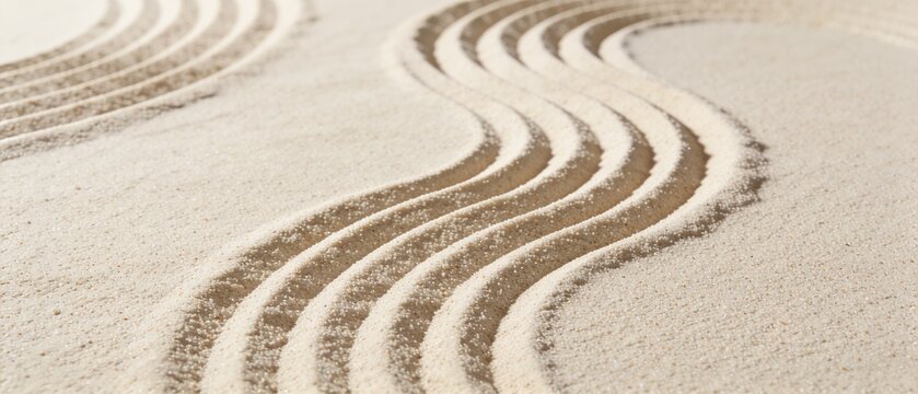Raked sand patterns in a Japanese zen garden creating a minimalist texture