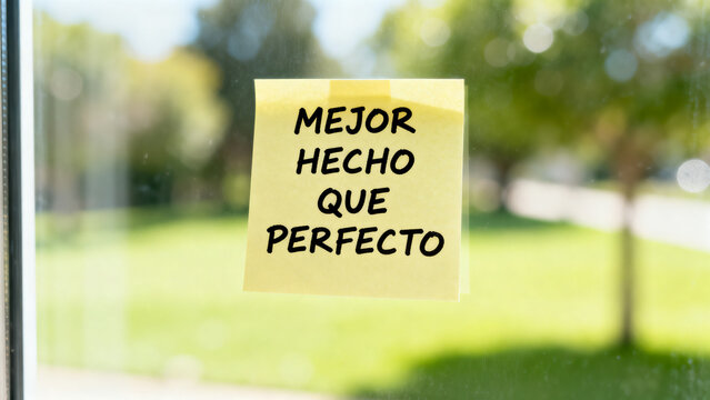 Yellow sticky note with 'Mejor hecho que perfecto' quote on a glass window