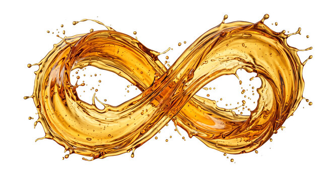 Infinity shape created with flowing liquid golden oil splash isolated on white background