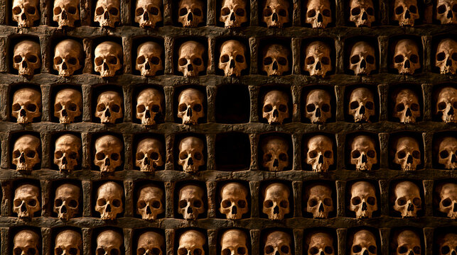 Human Skull Grid Wall with Empty Niches for Dark Halloween Background