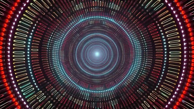 Hypnotic psychedelic circular tunnel effect with glowing neon lights and vibrant geometric patterns creates a mesmerizing visual journey into an abstract digital dimension for futuristic