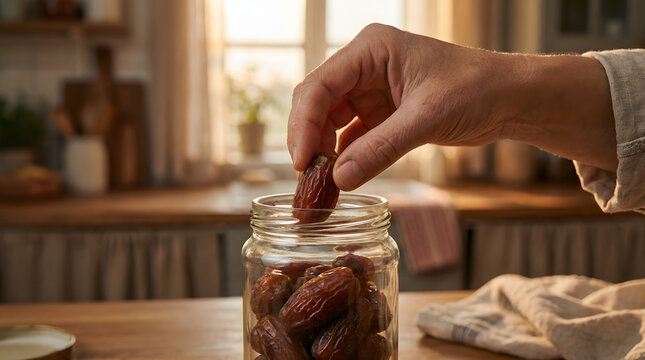 An elderly person's hand placing a sweet dried date into a glass jar on a kitchen table