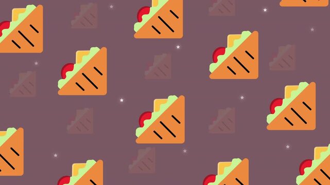 Sandwich pattern animated background seamless loop flat vector fast food snack for restaurant promotions, cafe menus, and culinary motion graphics.