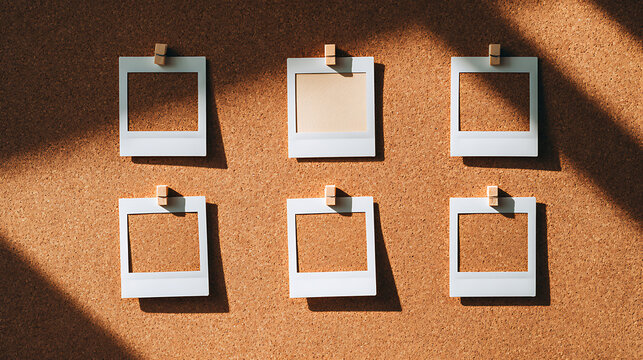 Minimal corkboard with six blank instant photo frames clipped in rows, warm sunlight and strong shadows creating a stylish mockup for photographs, memories, notes, or creative displays