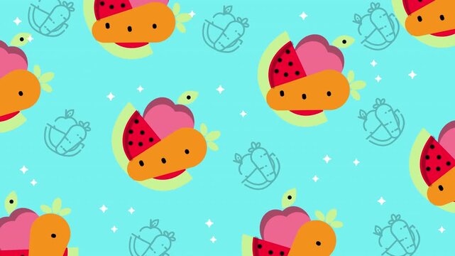 Cute cartoon fruit vegetable seamless pattern background for healthy eating designs, vegan textiles, children wallpaper, and playful packaging.