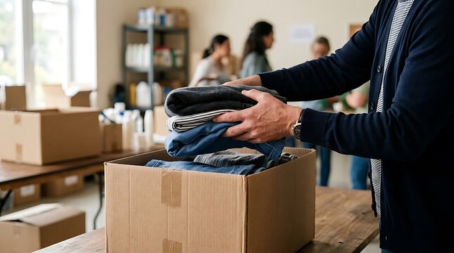 Volunteer packing donated clothes into cardboard box for charity