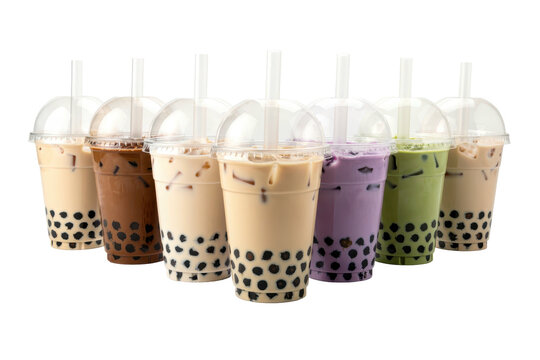 Assorted colorful bubble tea drinks in plastic cups with black tapioca pearls