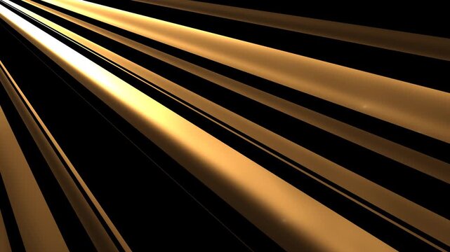 Abstract golden light beams moving diagonally on black background