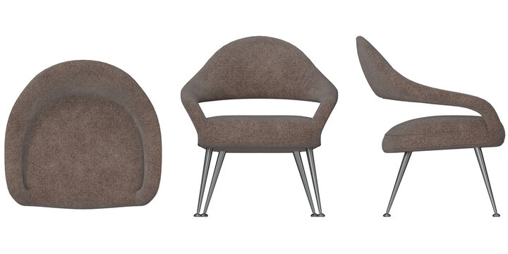 Easy chair 2d for floor plan and cross-section view, Orthogonal, top, front and side view furniture transparent background render