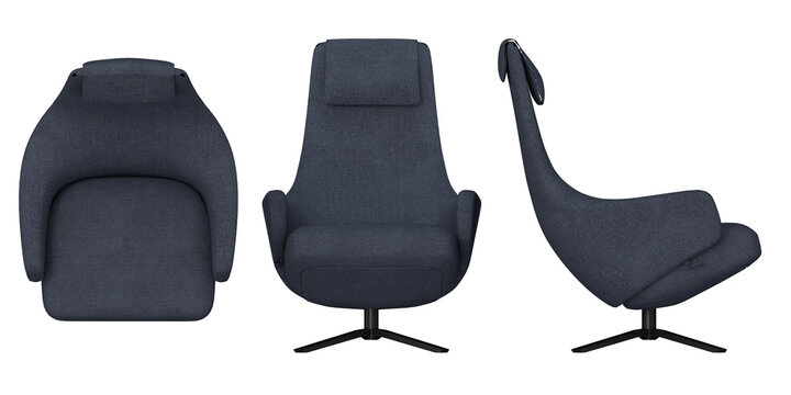 Easy chair 2d for floor plan and cross-section view, Orthogonal, top, front and side view furniture transparent background render
