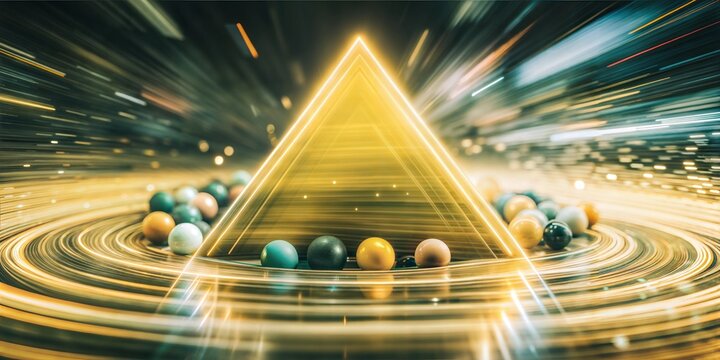 Glowing golden pyramid with light rays motion streaks and colorful glossy spheres abstract geometric background