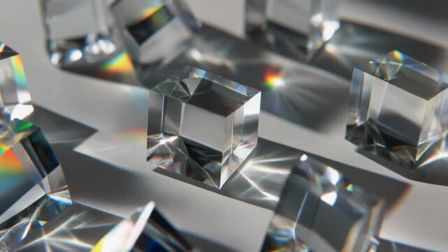 Refracted light creates vibrant spectrums and geometric patterns as clear geometric shapes cast sharp, angular shadows across a subtly textured surface, evoking a sense of scientific discovery