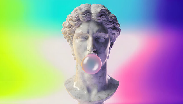 Classical marble bust sculpture blowing bubblegum. Vaporwave aesthetics and modern pop art culture. Ancient Greek statue blowing pink bubble gum against neon gradient background