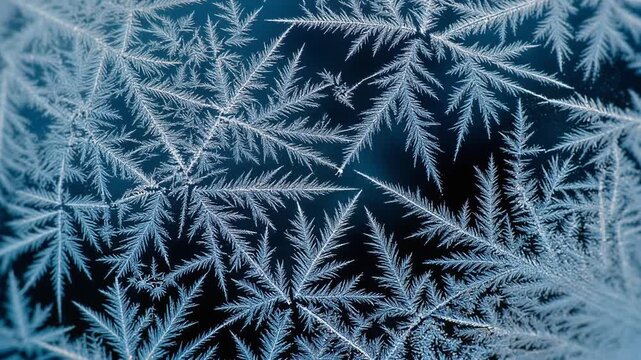 Intricate crystalline patterns of frost formations emerge across a dark, deep blue surface, showcasing nature's delicate artistry during a frigid winter season
